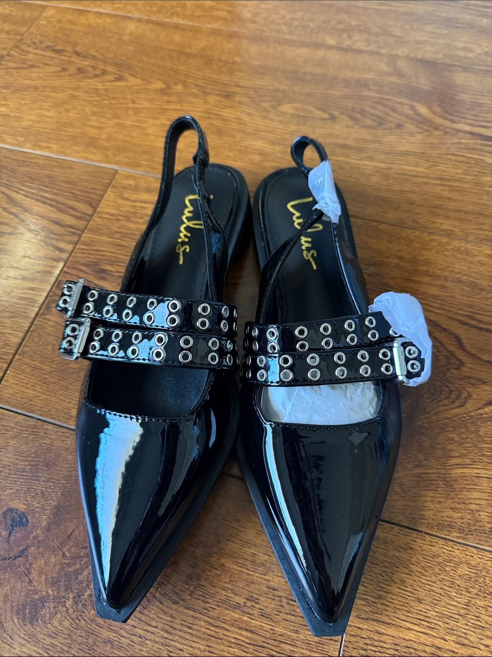 Lulu's Black Patent Pointed Slingback Mules with Grommet Strap